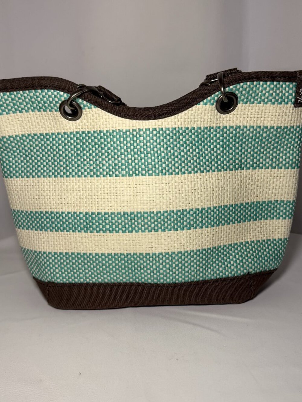 Thirty-One 135A Canvas Crew Mini Sac Turquoise Straw Stripe Brown Purse Bag NWOT